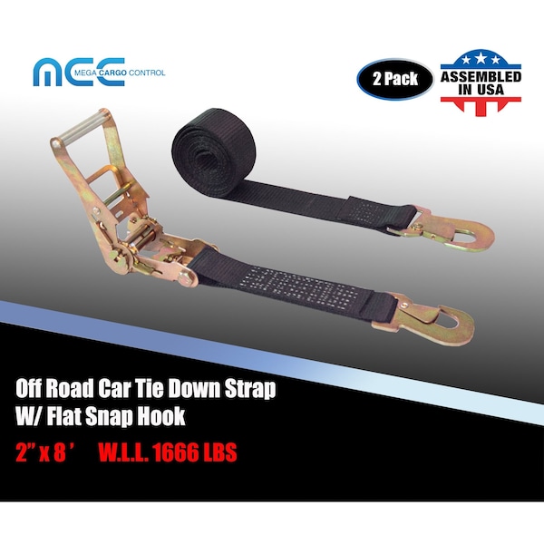 2" x 8' Ratchet Tie Down Strap w/ Flat Snap Hook Car Auto Hauler Tow Truck Black, 2PK